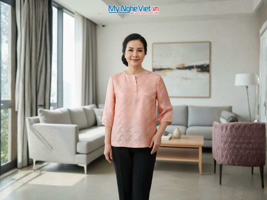 Áo lụa may sẵn họa tiết hoa bèo cam hồng ALMS1/6