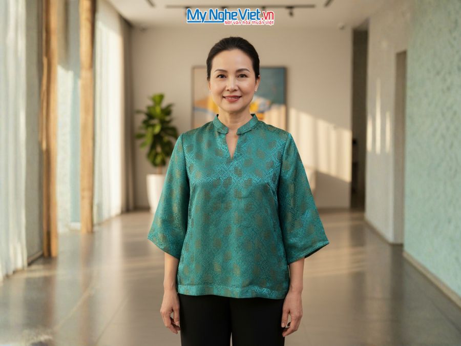 Áo lụa may sẵn họa tiết song thọ xanh ALMS1/4