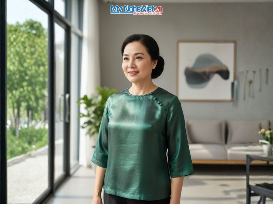 Áo lụa may sẵn họa tiết trơn 2 da xanh hồng ALMS1/1