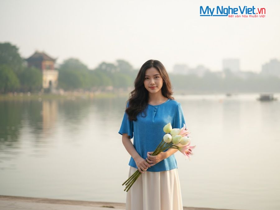 Áo lụa may sẵn sóng mây xanh tay lỡ khuy MNV-LTA36