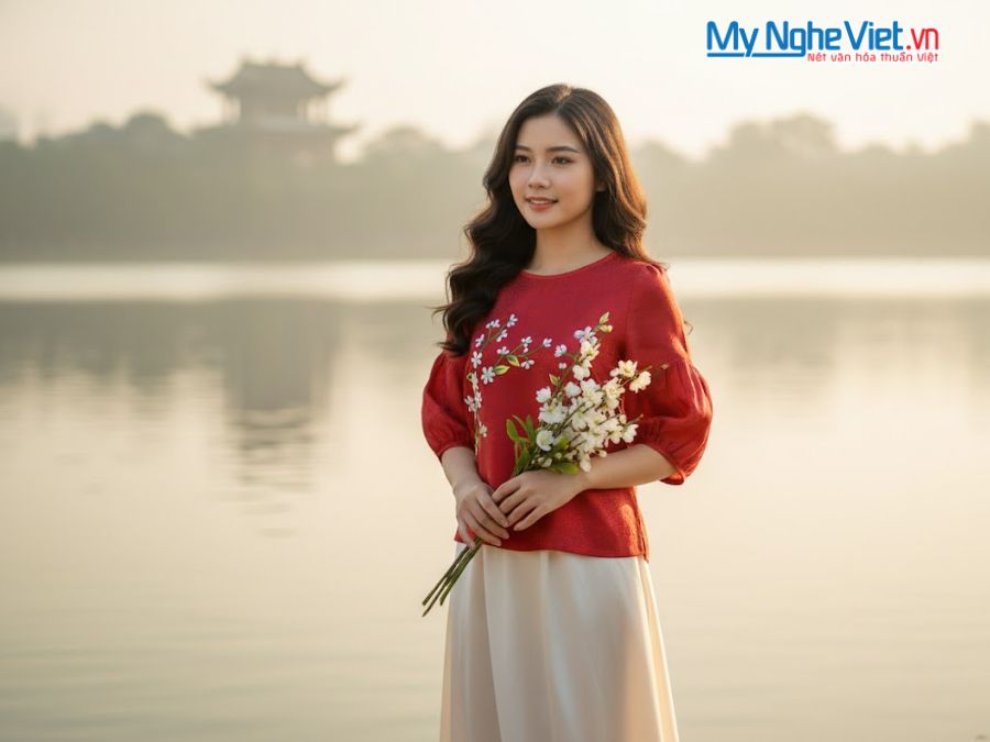 Áo lụa may sẵn tay lỡ sóng mây đỏ đô thêu hoa MNV-LTA25