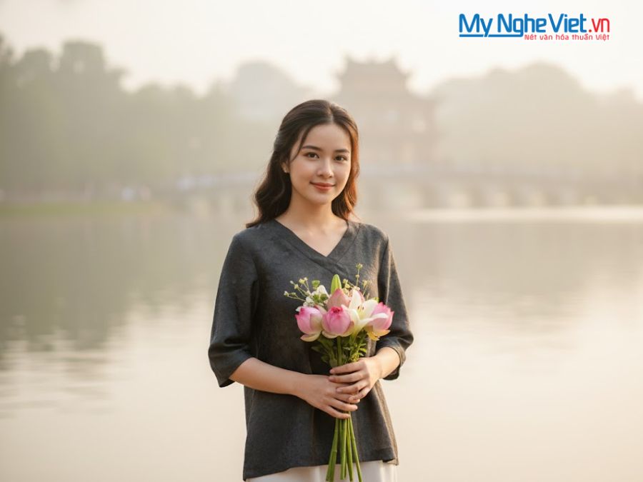 Áo lụa tim nẹp cúc đen may sẵn tay lỡ MNV-LTA28