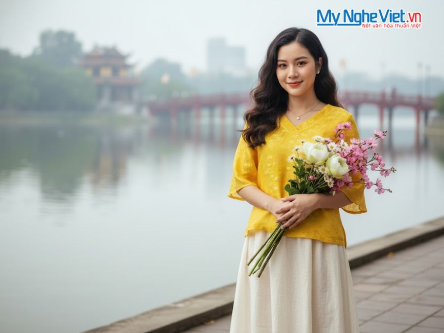 Áo lụa tim nẹp sen vàng may sẵn tay lỡ MNV-LTA29