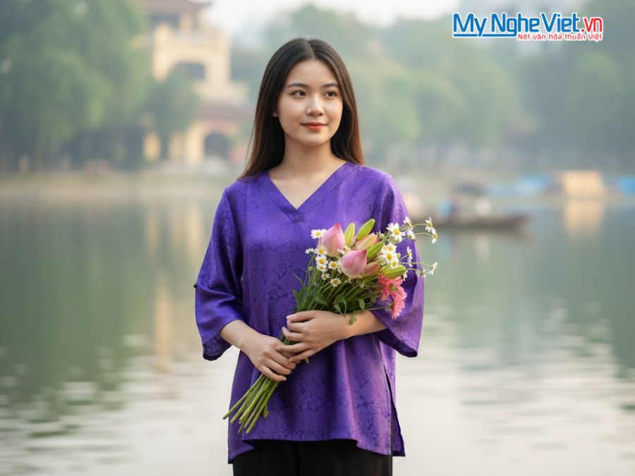 Áo lụa tim nẹp song hỷ tím may sẵn tay lỡ MNV-LTA33