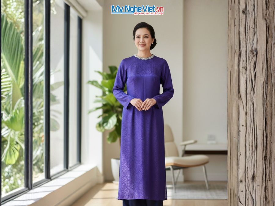 Bộ áo dài lụa tơ tằm họa tiết hoa thị màu tím ADMS01/1