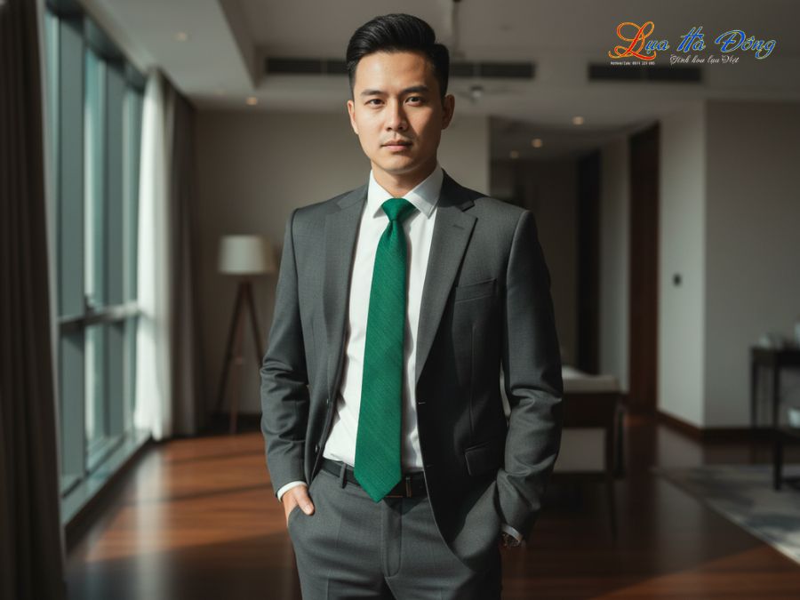 Cà vạt lụa đũi cao cấp màu xanh lá MNV-CRVNC4