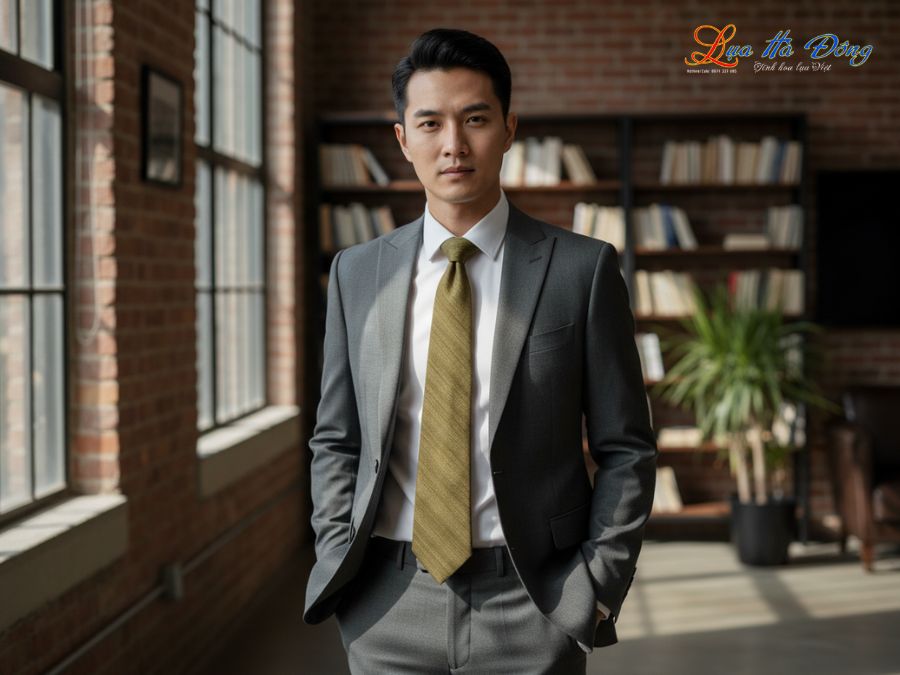 Cà vạt lụa đũi cao cấp màu xanh rêu MNV-CRVNC2