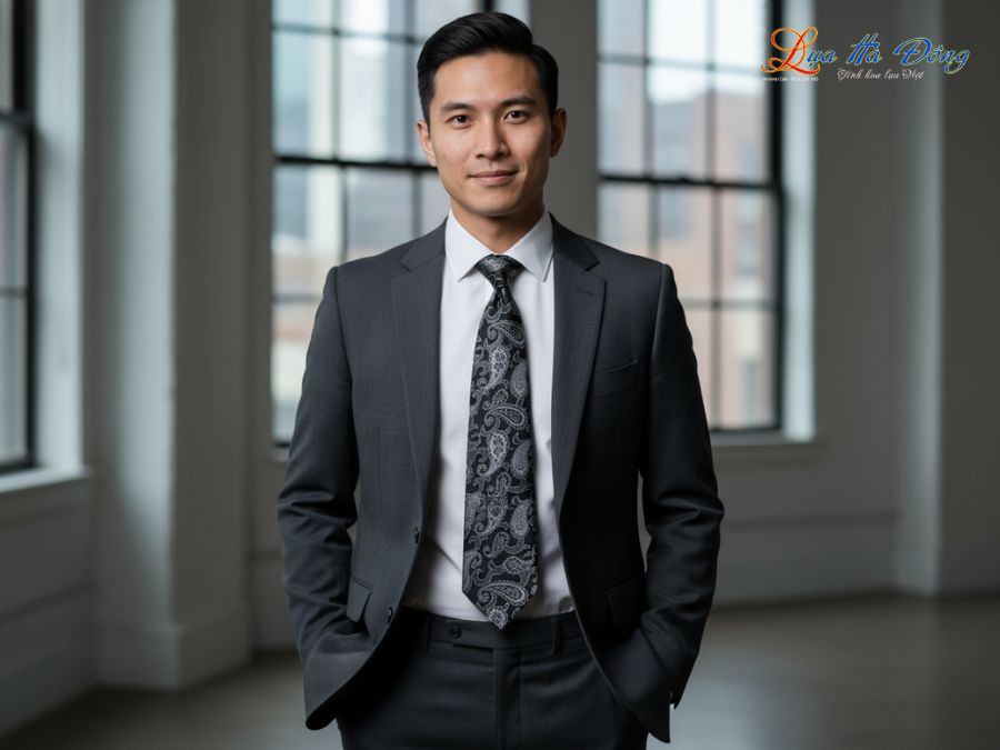 Cà vạt lụa tơ tằm họa tiết đuôi công đen MNV-CRV45