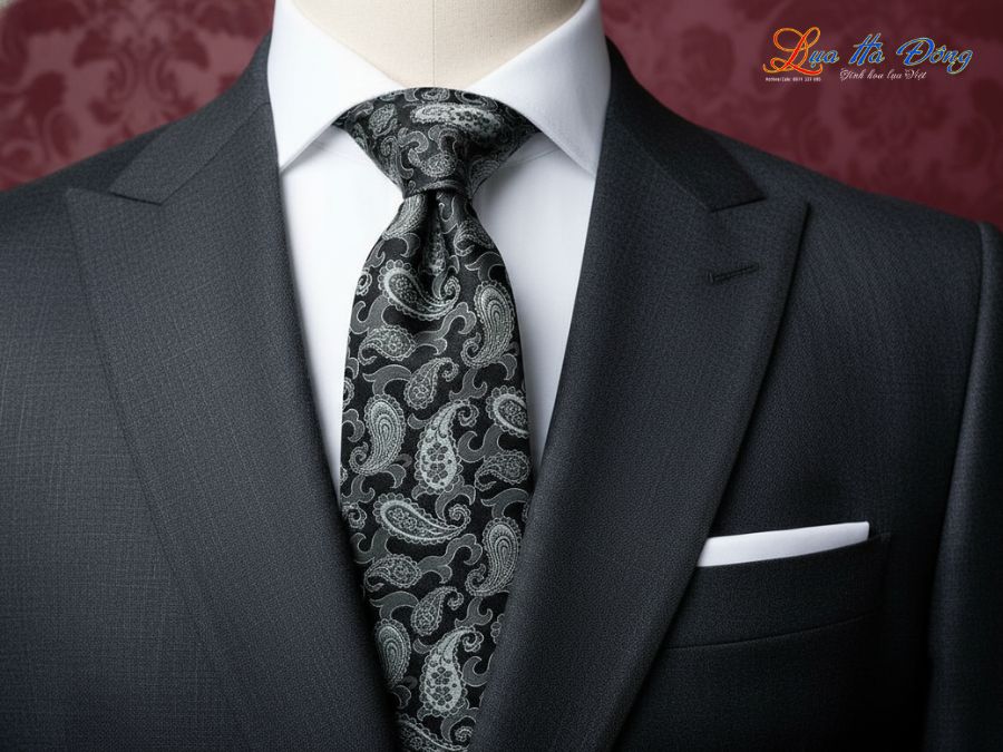 Cà vạt lụa tơ tằm họa tiết đuôi công đen MNV-CRV45