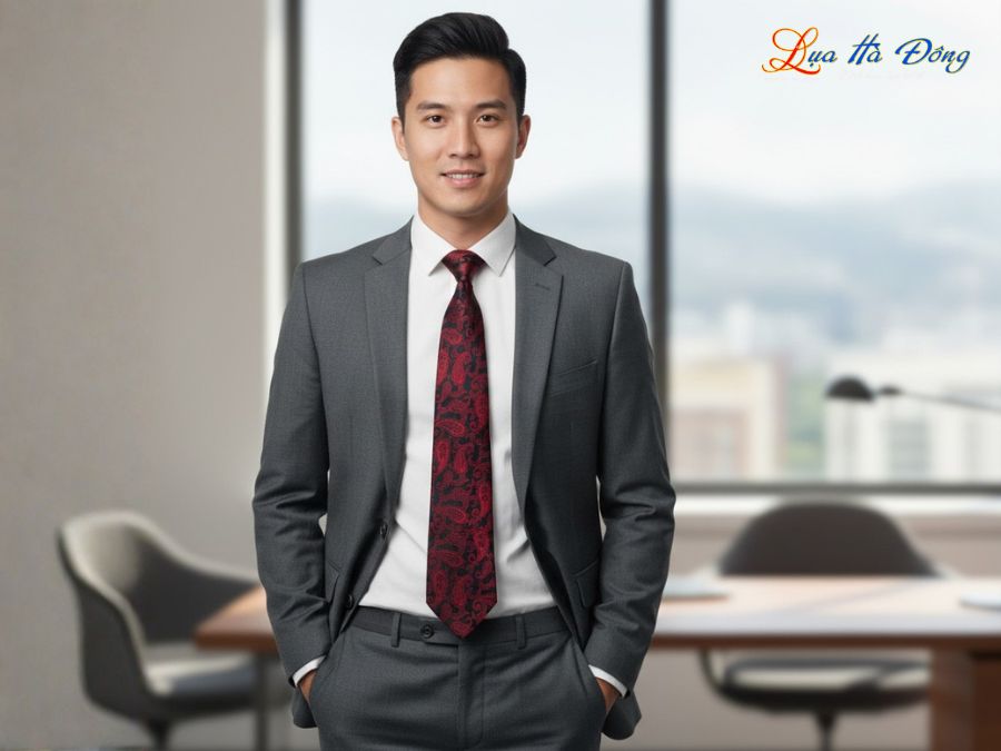 Cà vạt lụa tơ tằm họa tiết đuôi công đỏ MNV-CRV63