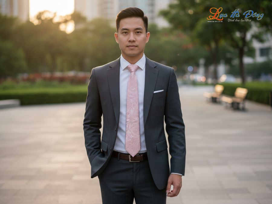 Cà vạt lụa tơ tằm họa tiết đuôi công hồng MNV-CRV24