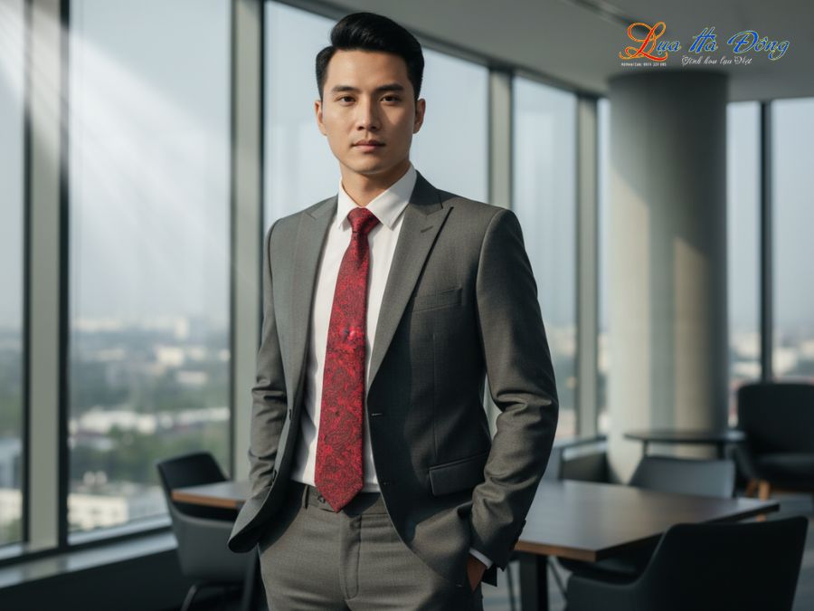 Cà vạt lụa tơ tằm họa tiết đuôi công nền đỏ MNV-CRV30