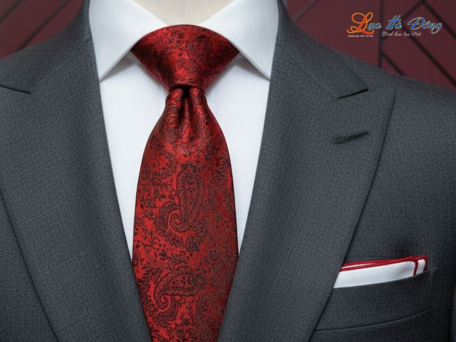 Cà vạt lụa tơ tằm họa tiết đuôi công nền đỏ MNV-CRV30