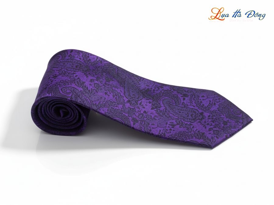 Cà vạt lụa tơ tằm họa tiết đuôi công tím đen MNV-CRV72-2