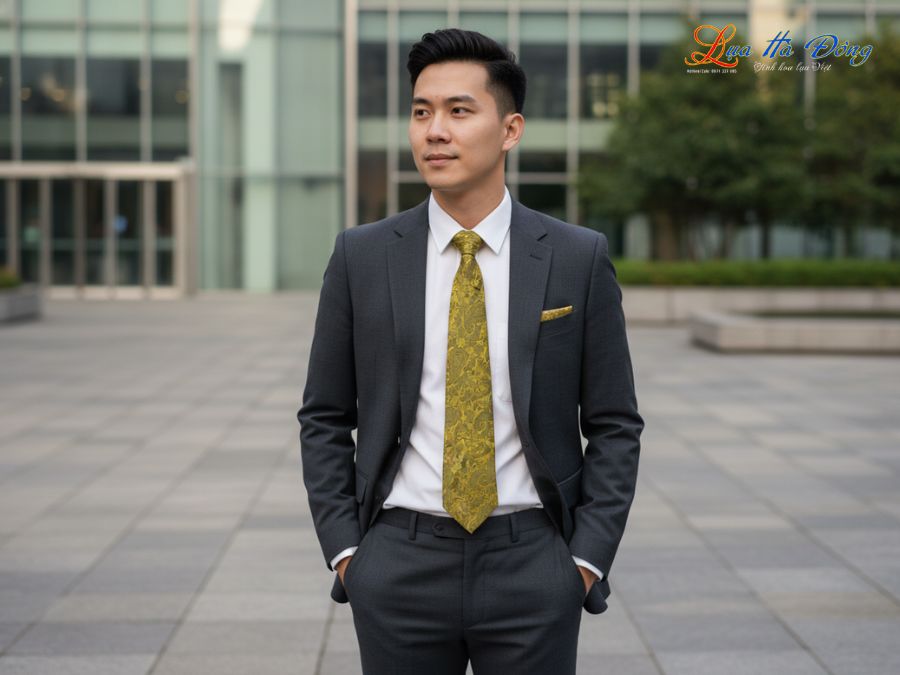 Cà vạt lụa tơ tằm họa tiết đuôi công vàng MNV-CRV67-1