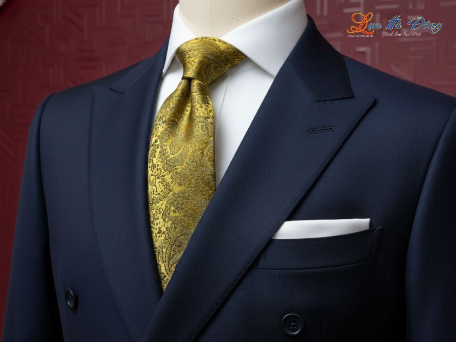 Cà vạt lụa tơ tằm họa tiết đuôi công vàng MNV-CRV67-1