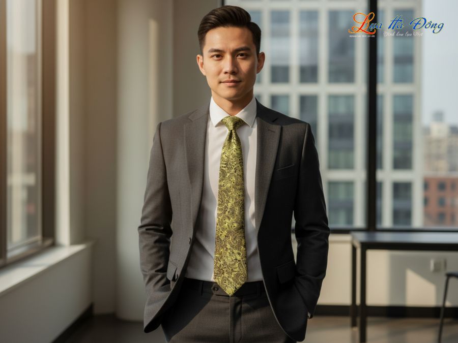 Cà vạt lụa tơ tằm họa tiết đuôi công vàng MNV-CRV67
