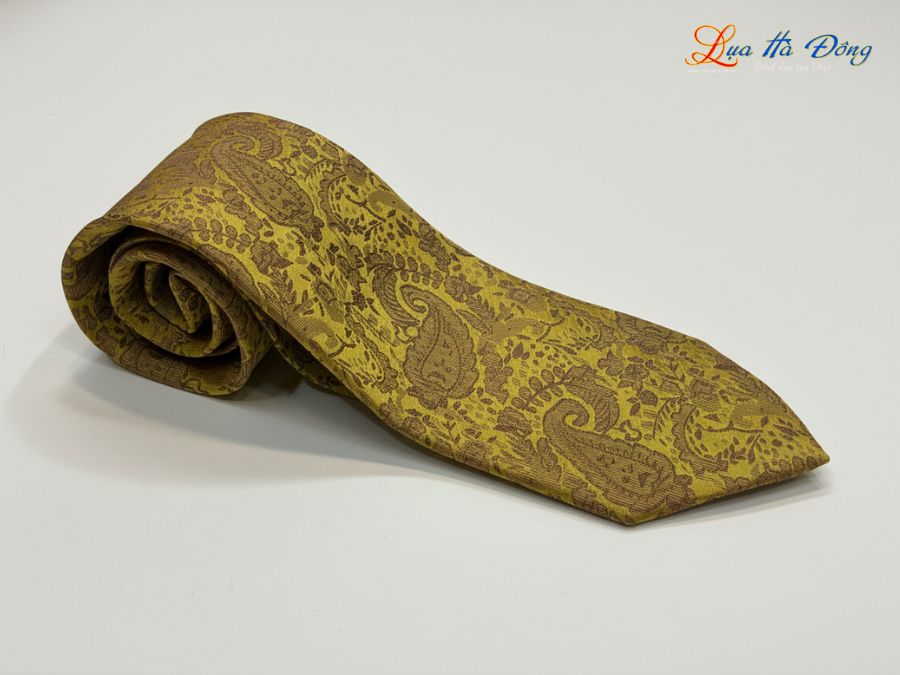 Cà vạt lụa tơ tằm họa tiết đuôi công vàng MNV-CRV67-1