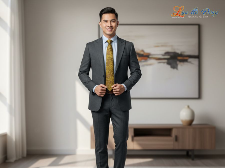 Cà vạt lụa tơ tằm họa tiết đuôi công vàng MNV-CRV67-1