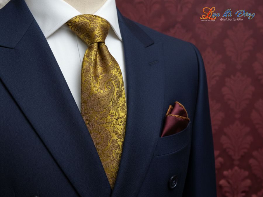 Cà vạt lụa tơ tằm họa tiết đuôi công vàng MNV-CRV67-1