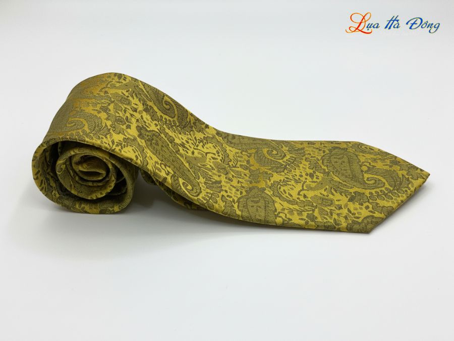 Cà vạt lụa tơ tằm họa tiết đuôi công vàng MNV-CRV67-1