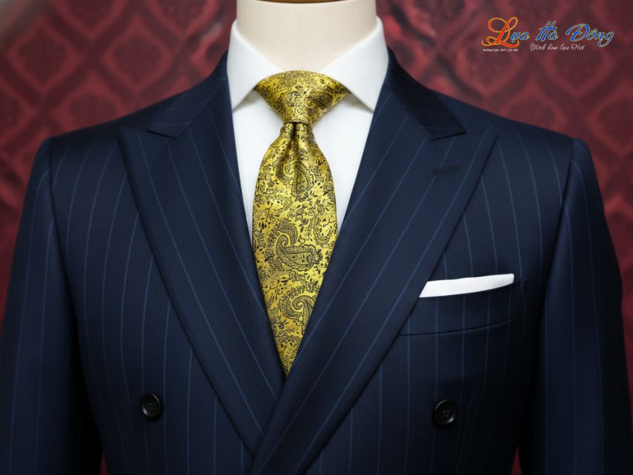 Cà vạt lụa tơ tằm họa tiết đuôi công vàng MNV-CRV67