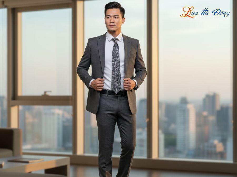 Cà vạt lụa tơ tằm họa tiết đuôi công xám MNV-CRV05-1