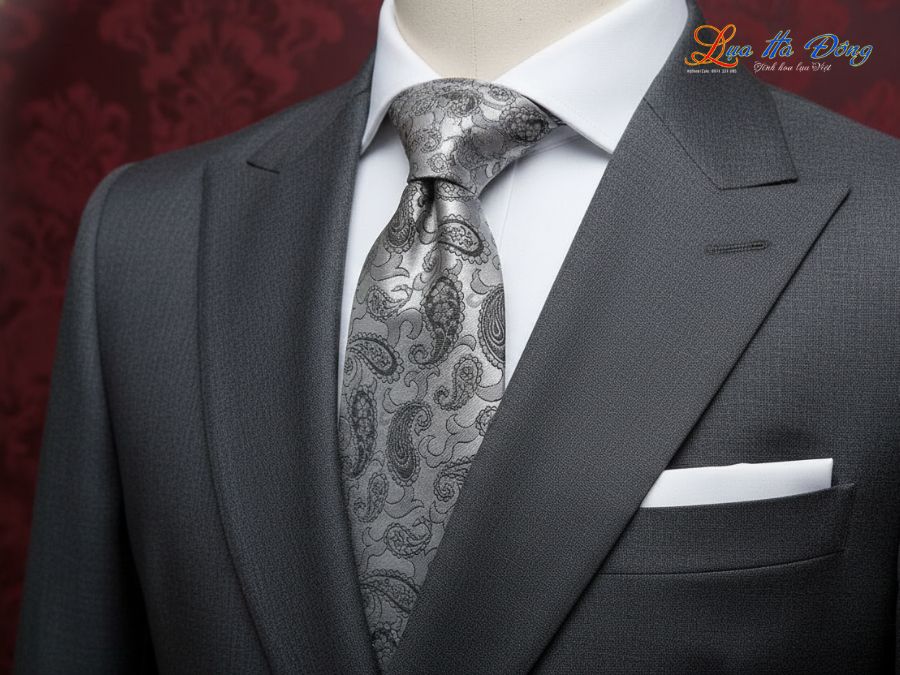 Cà vạt lụa tơ tằm họa tiết đuôi công xám MNV-CRV05-1