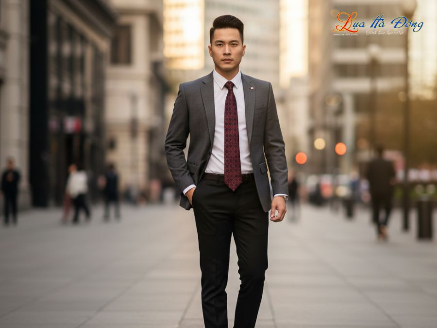 Cà vạt lụa tơ tằm họa tiết hoa bốn cánh đỏ MNV-CRV65