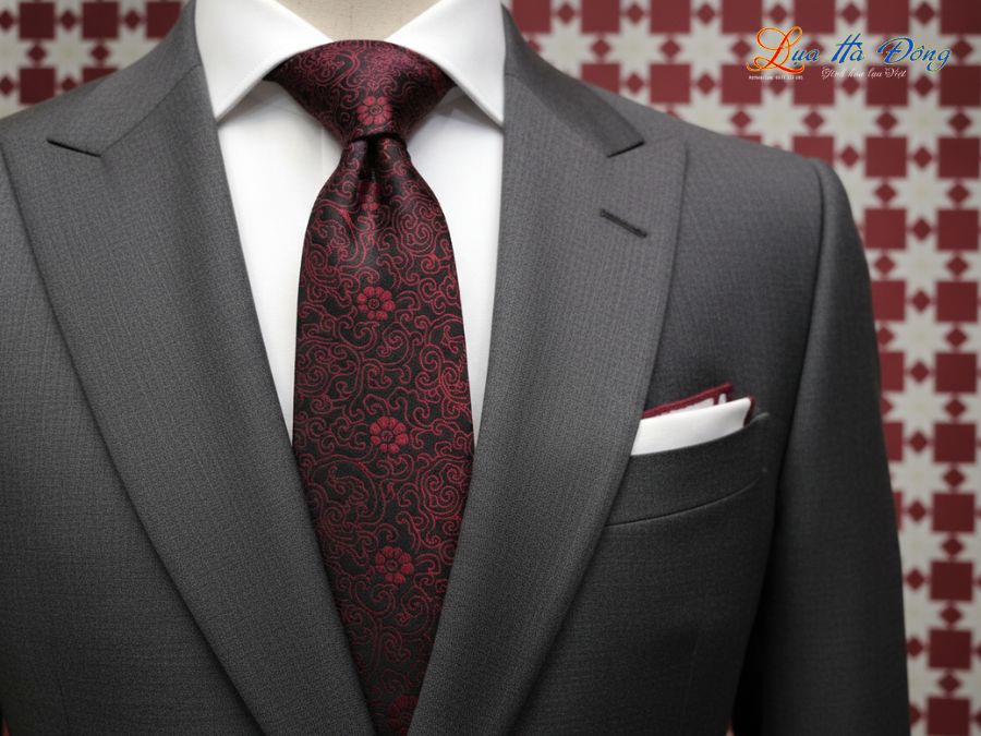 Cà vạt lụa tơ tằm họa tiết hoa mai đỏ MNV-CRV79