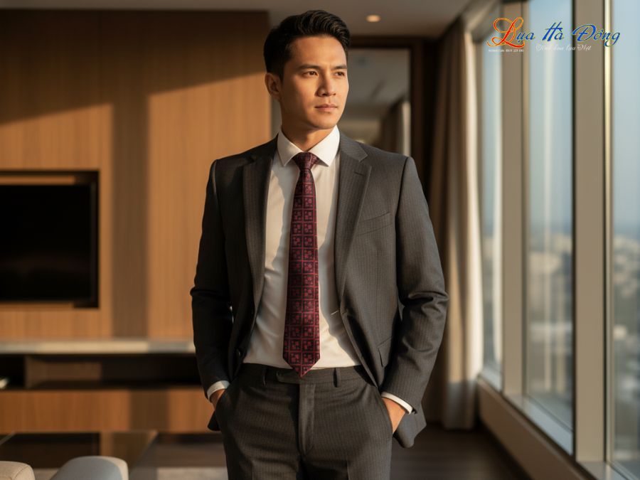 Cà vạt lụa tơ tằm họa tiết ô vuông đỏ MNV-CRV09