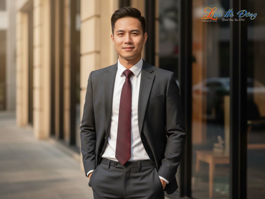 Cà vạt lụa tơ tằm họa tiết ô vuông đỏ MNV-CRV48-1