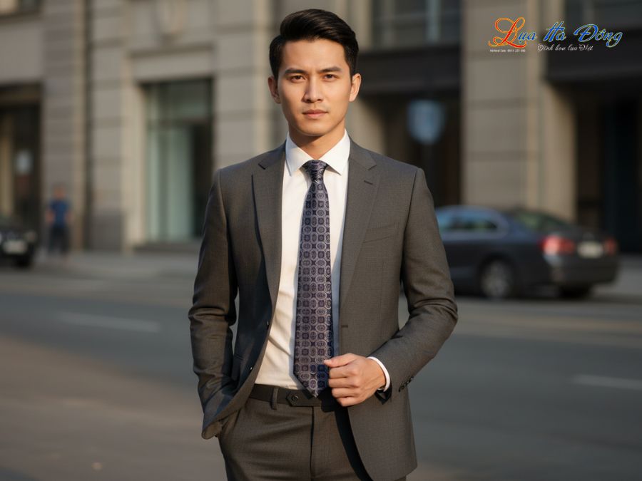 Cà vạt lụa tơ tằm họa tiết ô vuông xám MNV-CRVPT02