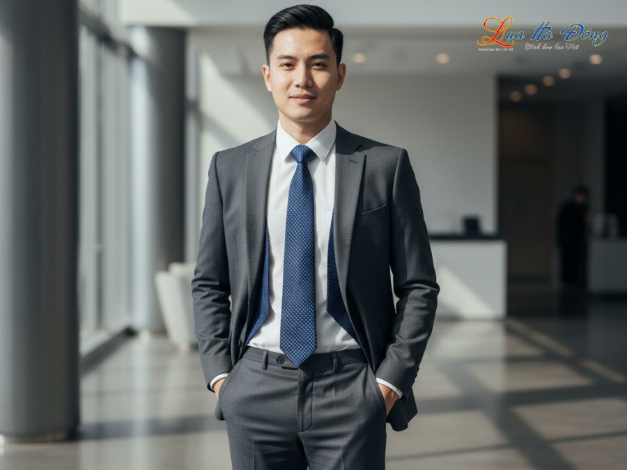 Cà vạt lụa tơ tằm họa tiết ô vuông xanh đậm MNV-CRV56