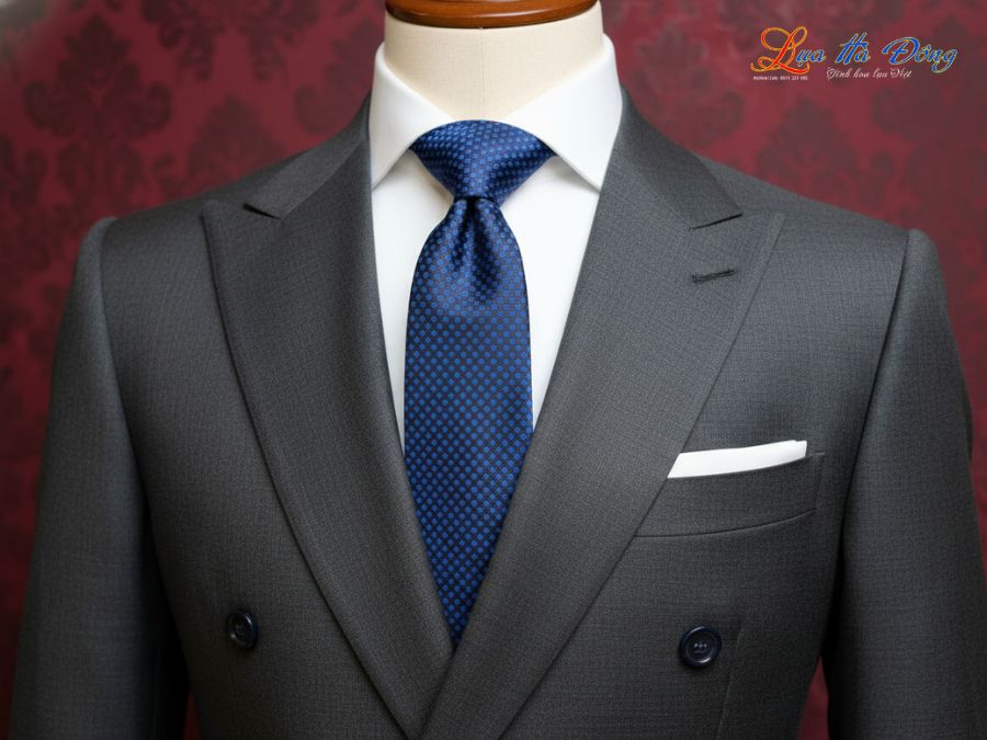 Cà vạt lụa tơ tằm họa tiết ô vuông xanh đậm MNV-CRV56