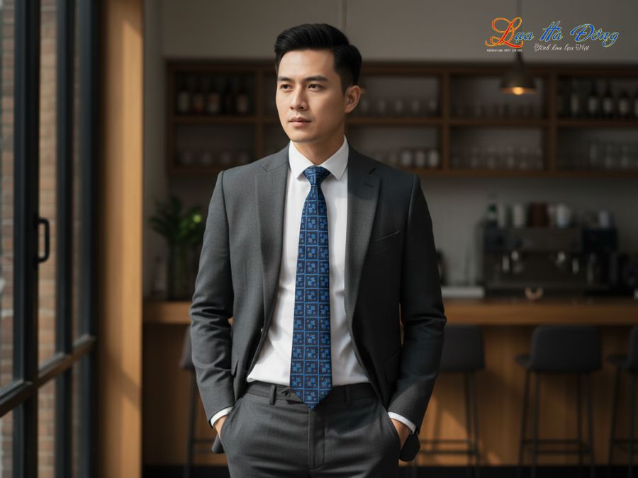 Cà vạt lụa tơ tằm họa tiết ô vuông xanh dương MNV-CRV17