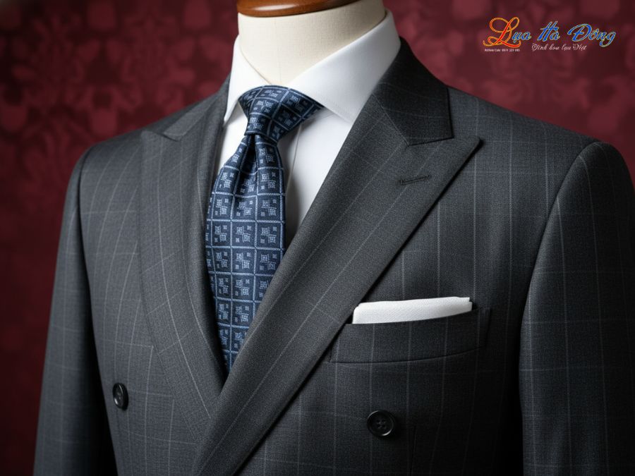 Cà vạt lụa tơ tằm họa tiết ô vuông xanh xám MNV-CRV62