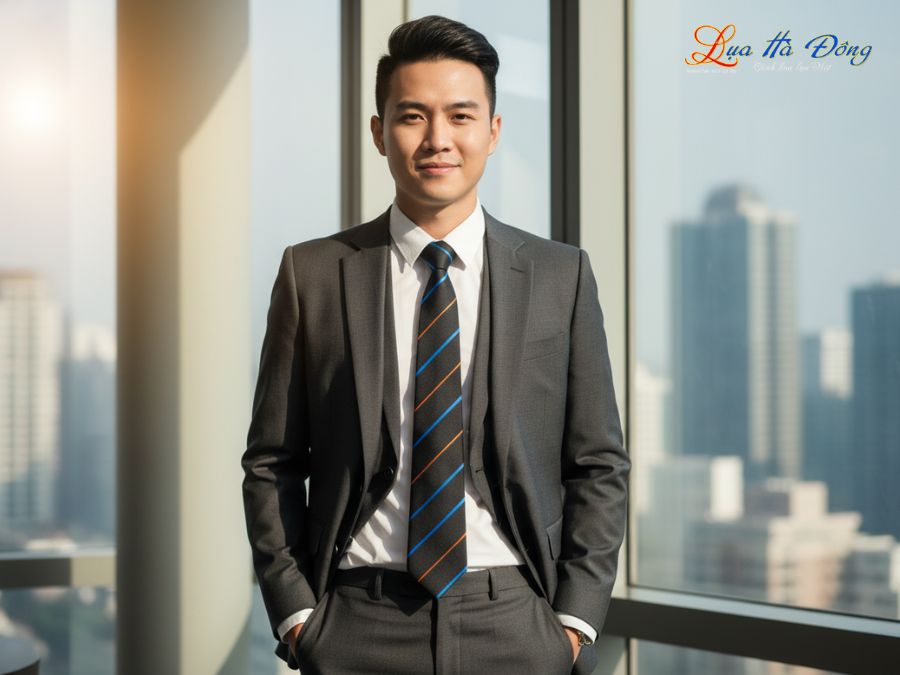 Cà vạt lụa tơ tằm họa tiết sọc xanh cam MNV-CRV88