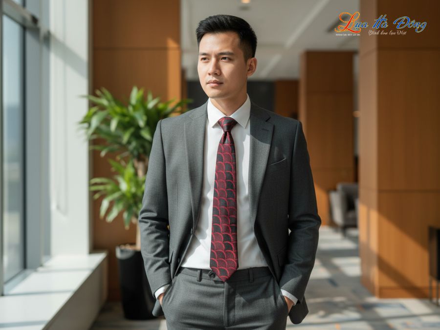 Cà vạt lụa tơ tằm họa tiết sóng đỏ đen MNV-CRV72