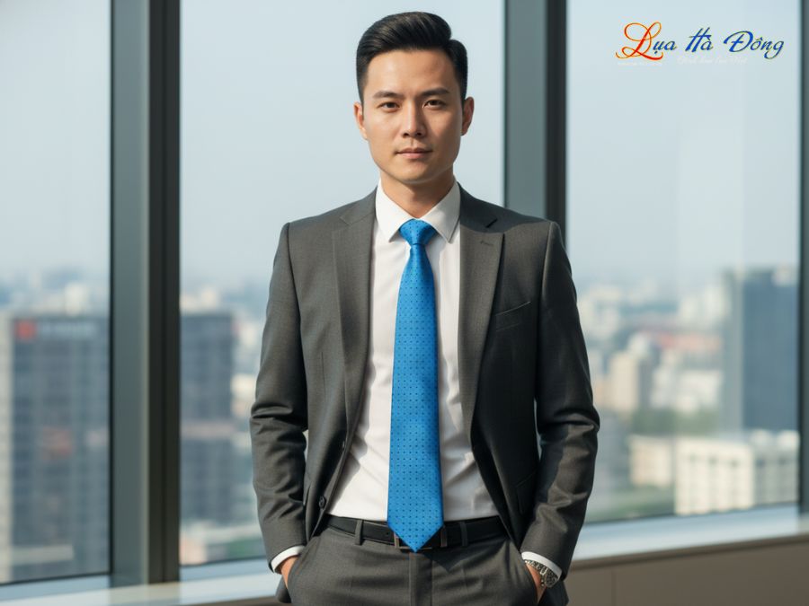 Cà vạt lụa tơ tằm họa tiết xanh chấm bi đen MNV-CRV02