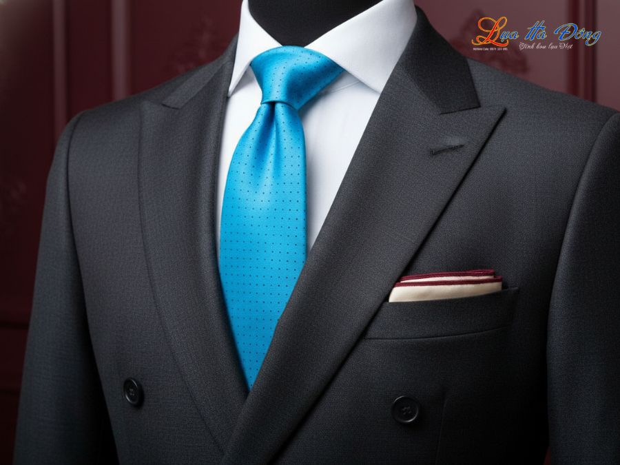 Cà vạt lụa tơ tằm họa tiết xanh chấm bi đen MNV-CRV02