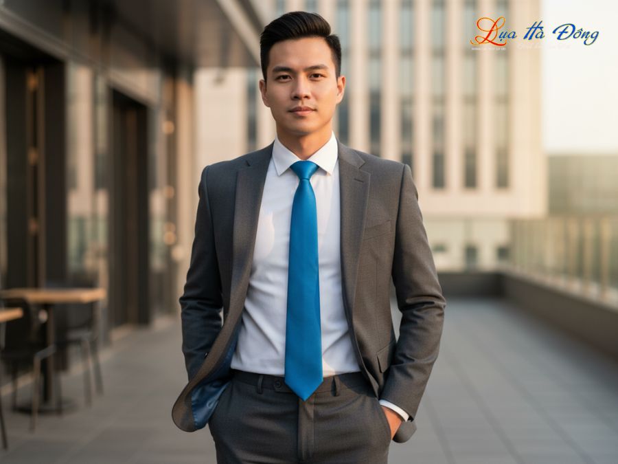 Cà vạt lụa tơ tằm trơn màu xanh dương MNV-CRV14
