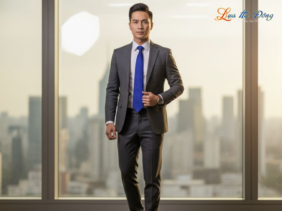Cà vạt lụa tơ tằm trơn màu xanh dương MNV-CRV30-1