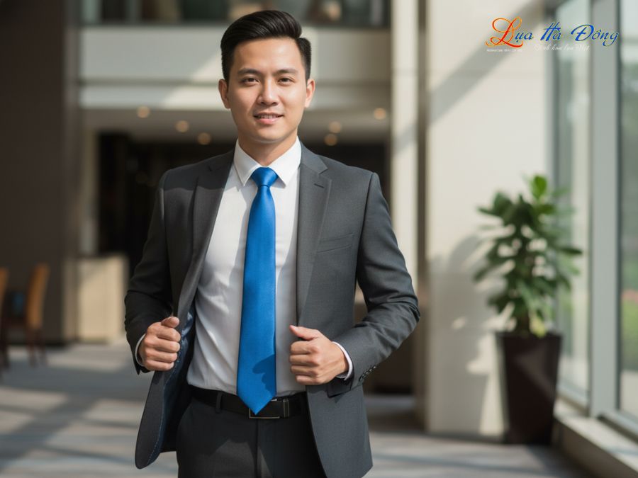 Cà vạt lụa tơ tằm trơn màu xanh dương MNV-CRV71