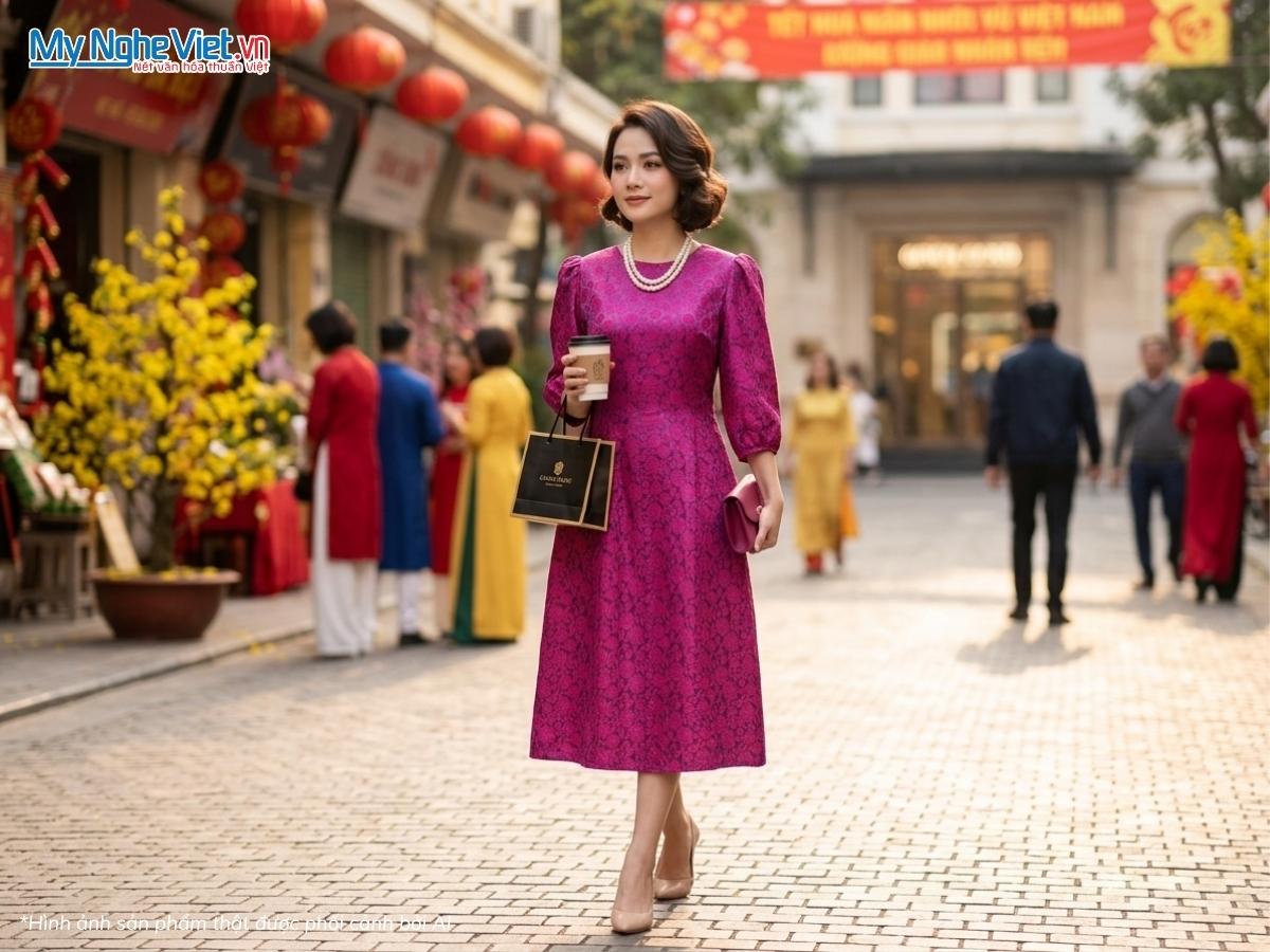 Đầm Lụa Tơ Tằm Dáng Suông Cổ Tròn Họa Tiết Hồng Thọ Có Túi TKLNL2204/12