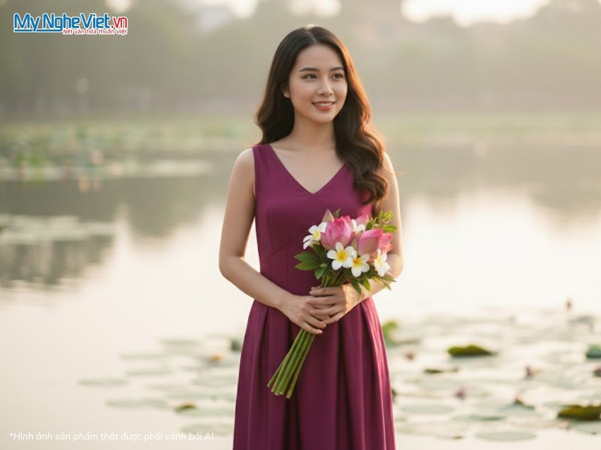 Đầm Lụa Tơ Tằm Cổ Tim Sát Nách Màu Tím Huế MNV-TKLNL2204/10