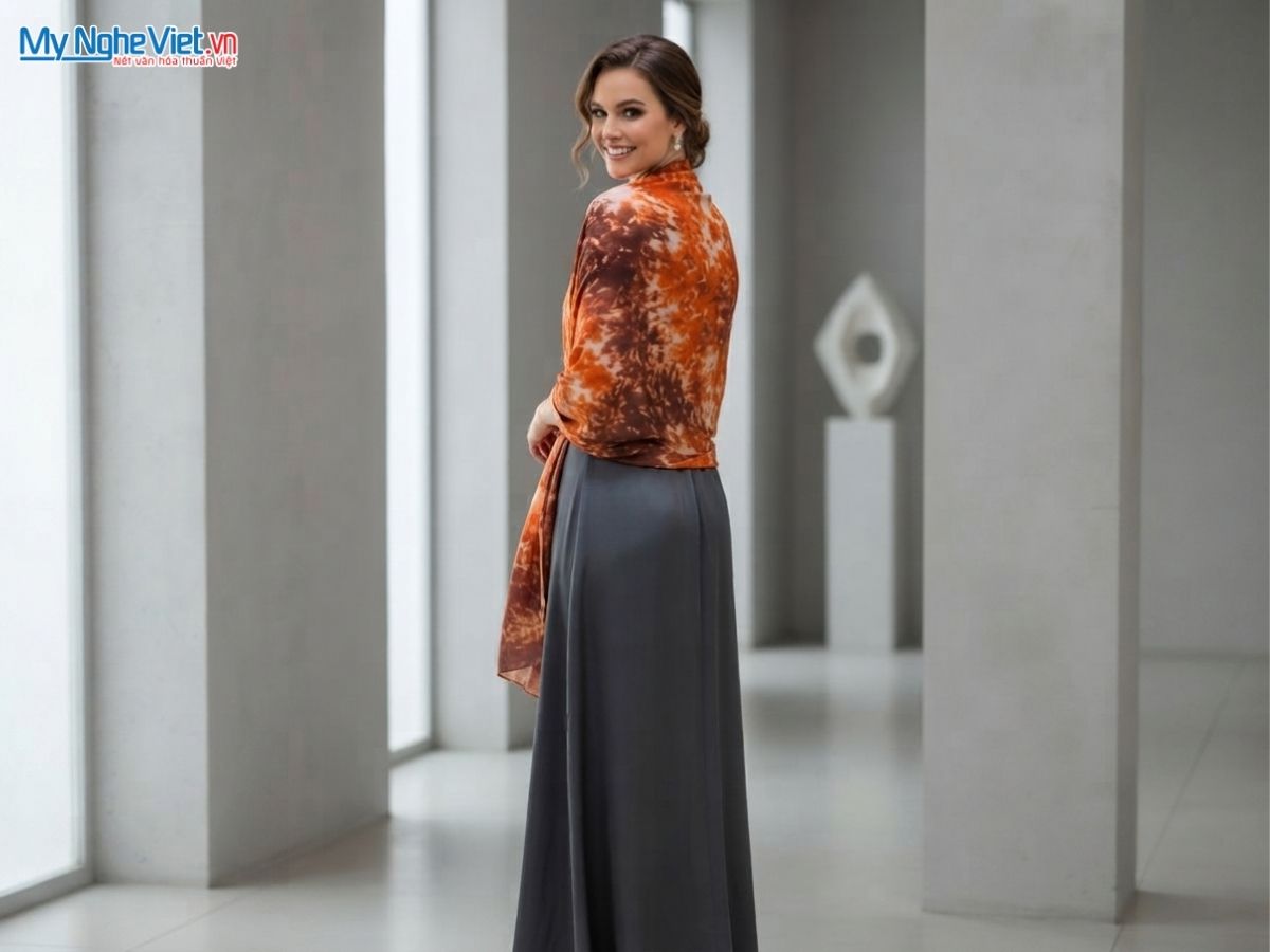 Khăn Lụa Choàng Cổ tằm loang 100% silk nhiều màu 90x190cm KLTA919 màu nâu đất