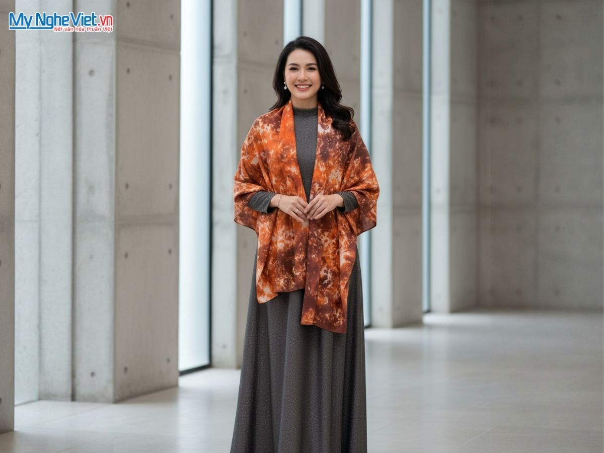 Khăn Lụa Choàng Cổ tằm loang 100% silk nhiều màu 90x190cm KLTA919 màu nâu đất