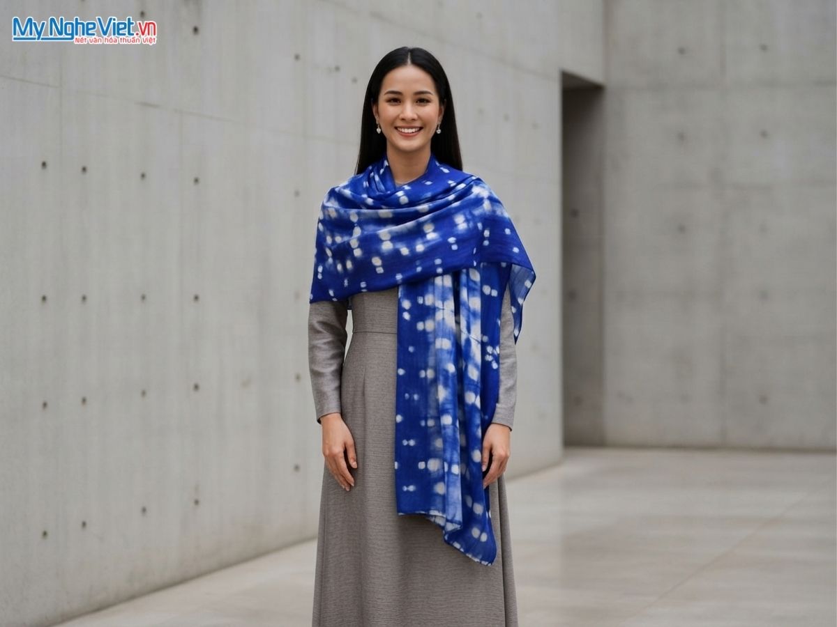 Khăn Lụa Choàng Cổ tằm loang 100% silk nhiều màu 90x190cm KLTA919 màu xanh trắng