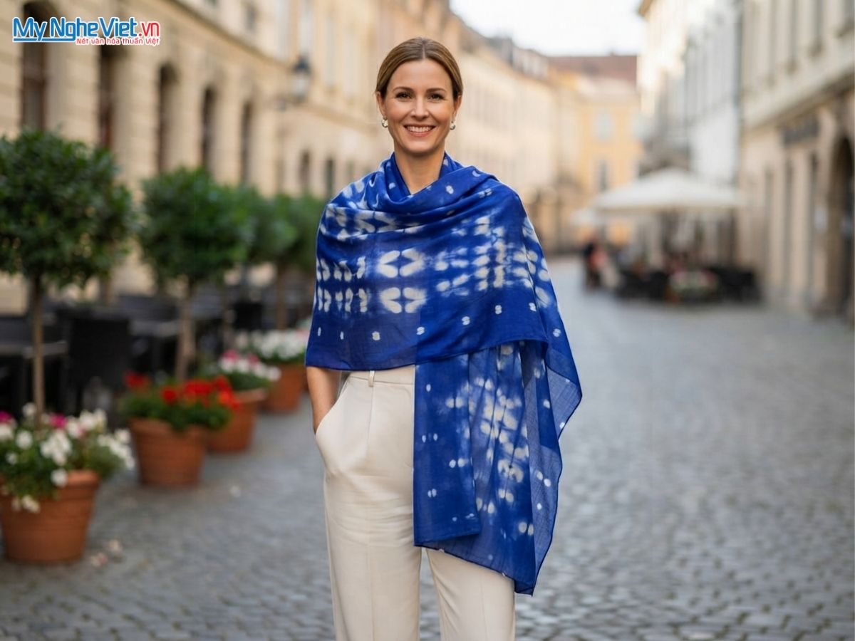 Khăn Lụa Choàng Cổ tằm loang 100% silk nhiều màu 90x190cm KLTA919 màu xanh trắng